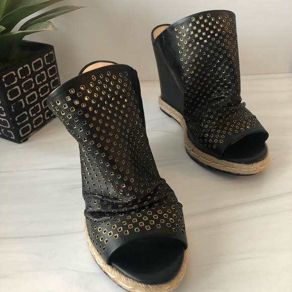 Joes Jeans | Black Ruched Leather Wedge Sandals - Picture 2 of 11